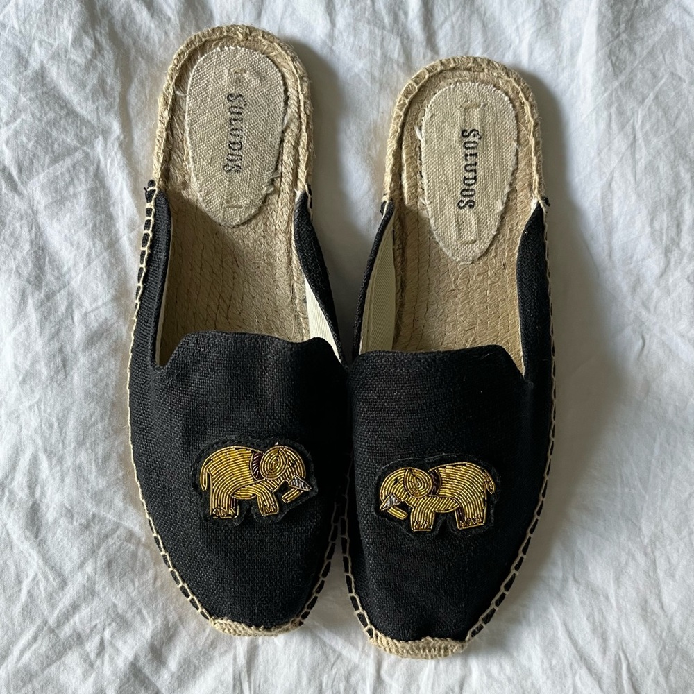 Soludos Elephant Espadrilles Mules Size 8 Black and Gold Embroidery